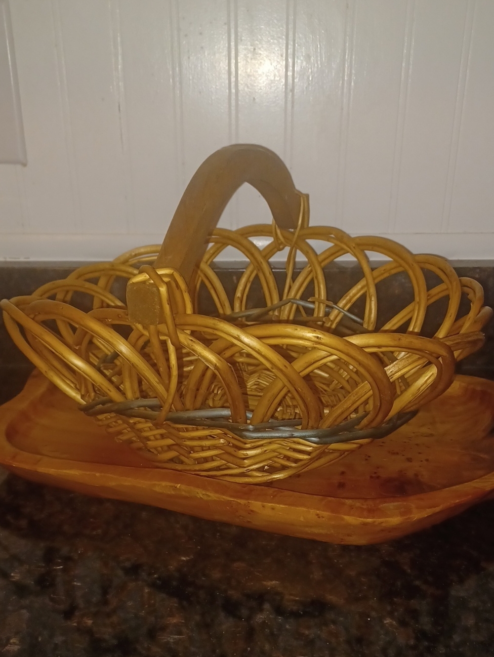 Vtg Boho Wicker Crown Basket Drop Down Split Wood Folding Handle Mint Condition